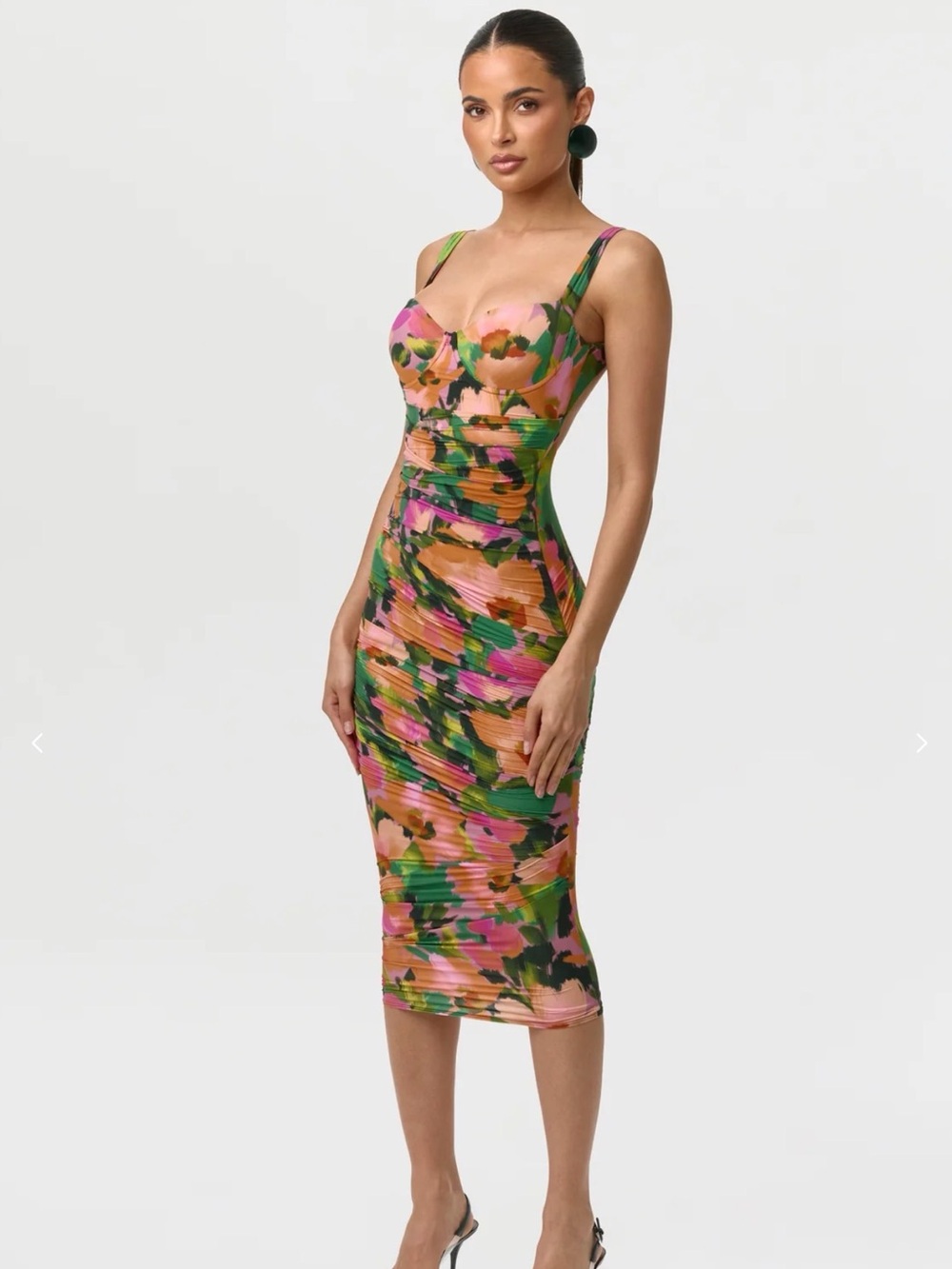 naked wardrobe Pink, Green & Orange Floral Ruched Midi Dress- SOLD OUT